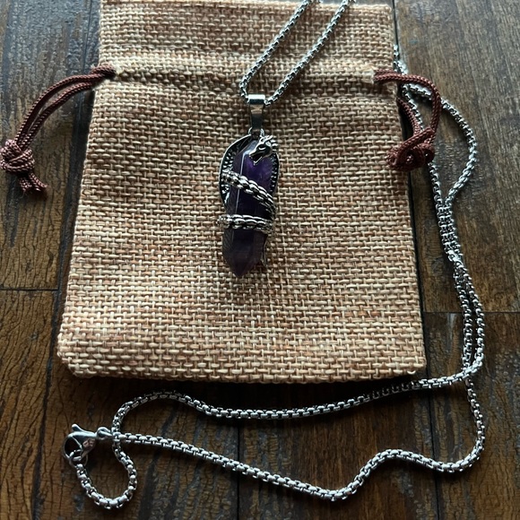 Amethyst Dragon Necklace Mens Crystal Necklace Amethyst Unisex Necklace - Picture 1 of 3